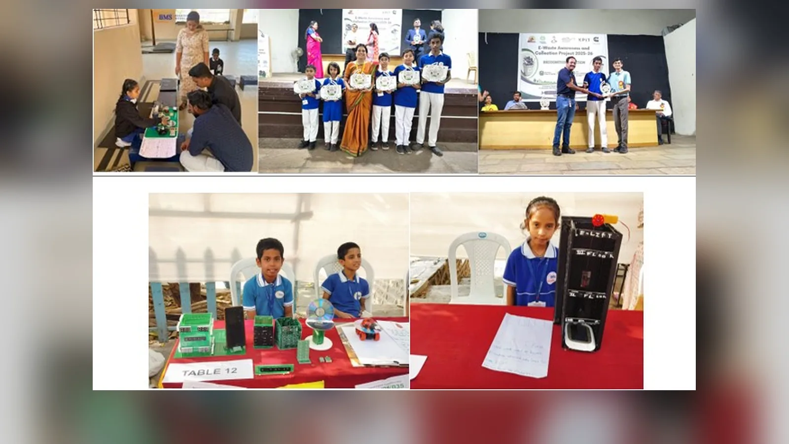 Moments from school events: an exhibition table, a prize ceremony and project displays