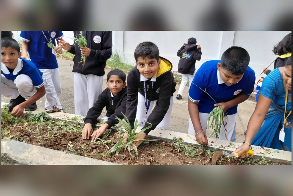 A group of students and their teacher planting saplings along the path